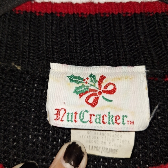 Vtg Nutcracker Ugly Christmas Sweater Tree Presents Snowflake Bell Sz L *Stain - Picture 7 of 10